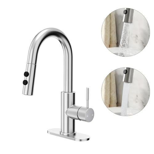 Bathroom Faucets with Pull Down Sprayer, Bar Sink Faucet Single Hole for Kitchen Campers with Pop-Up Drain Hose, Suitable for Farmhouse Vanity Lavatory - color: Brushed Nickel, style: Pull Down