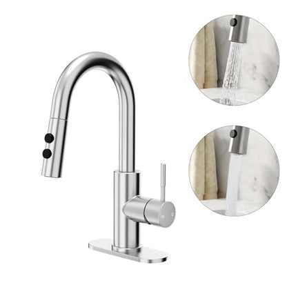 Bathroom Faucets with Pull Down Sprayer, Bar Sink Faucet Single Hole for Kitchen Campers with Pop-Up Drain Hose, Suitable for Farmhouse Vanity Lavatory - color: Brushed Nickel, style: Pull Down