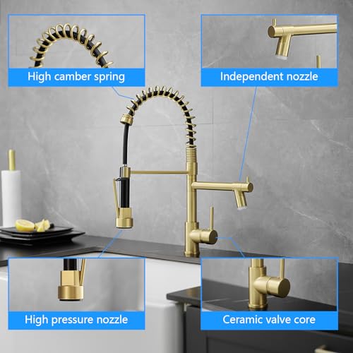 Gold Kitchen Faucet with Sprayer AIMADI,Modern Single Handle Spring Gold Kitchen Sink Faucet - color: Brushed Gold, style: with LED Sprayer