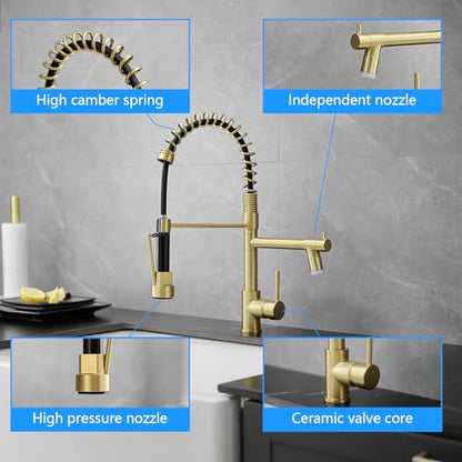 Gold Kitchen Faucet with Sprayer AIMADI,Modern Single Handle Spring Gold Kitchen Sink Faucet - color: Brushed Gold, style: with LED Sprayer