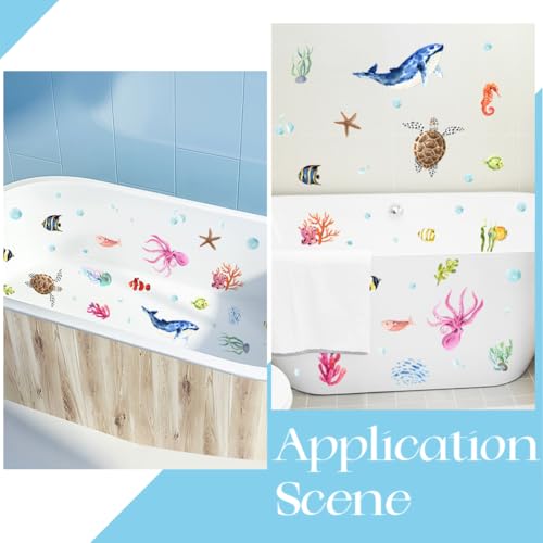 6 Pages Bath Tub Non Slip Stickers Ocean Non Slip Bathtub Stickers Bulk with Scraper Plastic Adhesive Ocean Animal Conch Slippery Floor Decal for Shower and Bath Tub Home Decorations Gift - style: Marine Animal 1