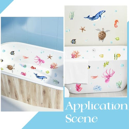 6 Pages Bath Tub Non Slip Stickers Ocean Non Slip Bathtub Stickers Bulk with Scraper Plastic Adhesive Ocean Animal Conch Slippery Floor Decal for Shower and Bath Tub Home Decorations Gift - style: Marine Animal 1