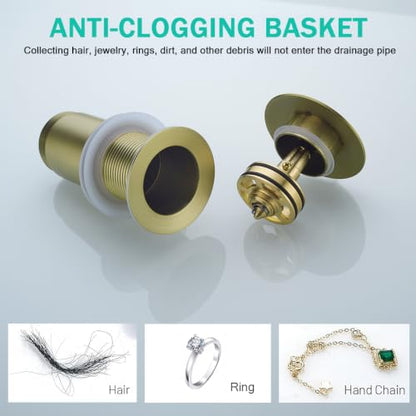 All Metal Bathroom Sink Drain,Pop-up Drain with Detachable Basket Stopper,Anti-Clogging Drain Strainer,Hair Catcher,for Vanity Vessel Sink Without Overflow,Brushed Gold,SE83997PB-BG - color: Brushed Gold(without Overflow)