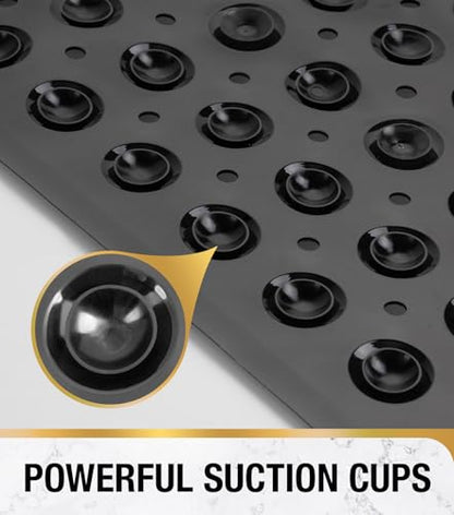 HITSLAM Square Shower Mat, Non Slip PVC Stall Mat, 24"x24", Black | Power Grip Suction Cups, Center Drain Hole, Built-In Hanging Holes, Machine Washable Bathroom Floor Mat, Soft On Feet - color: Smoked Black