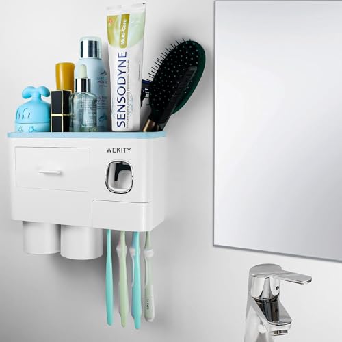 Multifunctional Wall-Mounted Toothbrush Holder, Automatic Toothpaste Dispenser Space Saving Toothbrush and Toothpaste Holder, with 2 Cup and Drawers Cosmetic Organizer (Blue) - color: Blue