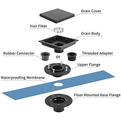 EXF Square Shower Drain 6 Inch Matte Black with Tile Insert Grate | 304 Stainless Steel, ABS Flange, Debris Strainer, Adjustable Height - color: Matte Black, size: 6 IN