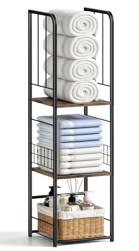 Narrow Towel Storage for Bathroom, 3-Tier Free Standing Bathroom Towel Rack Organizer with Shelf for Small Bath, Pool, Brown