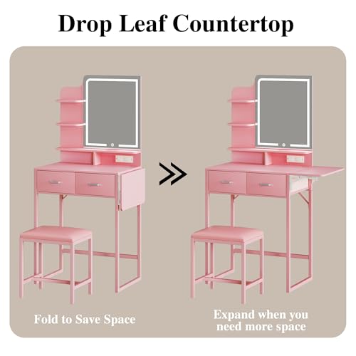 ALEXNUTRE Vanity Desk with Mirror and Lights, Small Vanity with Fabric Storage Drawer & Chair & Shelves, Makeup Vanity with Fold-up Panel and Power Outlet for Bedroom - style: Pink
