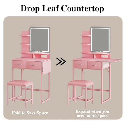 ALEXNUTRE Vanity Desk with Mirror and Lights, Small Vanity with Fabric Storage Drawer & Chair & Shelves, Makeup Vanity with Fold-up Panel and Power Outlet for Bedroom - style: Pink