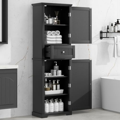 Tall Storage Cabinet, Bathroom Floor Freestanding Storage Cabinet with 2 Doors, One Drawer, and Adjustable Shelf for Bathroom, Office, Living Room, Black - color: Black/One Drawer