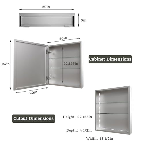 20 x 24 in Medicine Cabinet with Mirror and Side Panels, Silver | Surface or Recessed Medicine Cabinet Mirror with Storage, Adjustable Shelves, Aluminum Alloy Frame, Assembly Required - size: 20''x24''