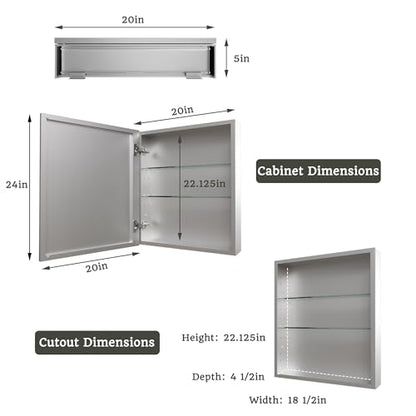 20 x 24 in Medicine Cabinet with Mirror and Side Panels, Silver | Surface or Recessed Medicine Cabinet Mirror with Storage, Adjustable Shelves, Aluminum Alloy Frame, Assembly Required - size: 20''x24''