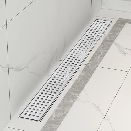 18 Inch Linear Shower Drain Brushed Silver with Grate Removable | Square Hole Panel,AISI 304 Stainless Steel Fast Drainage Rectangle Hidden Shower Trench,Detachable Hair Catcher,Leveling Feet - color: Stainless Steel, size: 18 inch+No Base