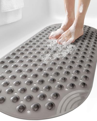 DEXI Bathtub Mat Non Slip 16x35, Shower Floor Mats for Bathroom Bath Tub | Clear Grey, Washable Oval Bathmat, Suction Cups and Drain Holes to Keep Tubs Clean - color: Clear Gray