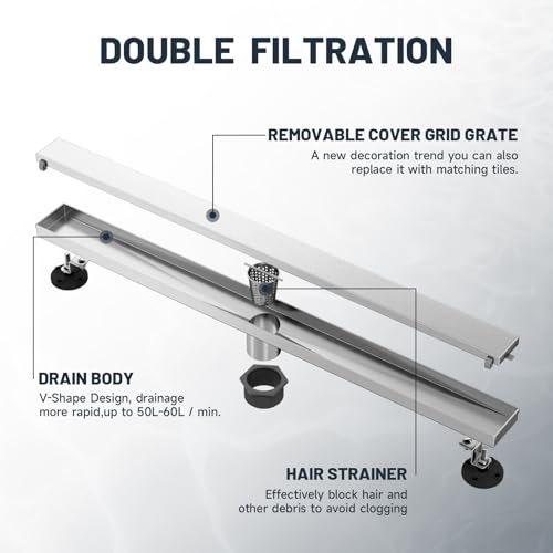 Linear Shower Drain 32 Inch Shower Trench Drain with Tile Insert Grate | Evolvegoods 304 Stainless Steel Bathroom Floor Drain,Rectangular Shower Drain with Leveling Feet,Hair Strainer,Brushed Nickel - size: 32 Inches