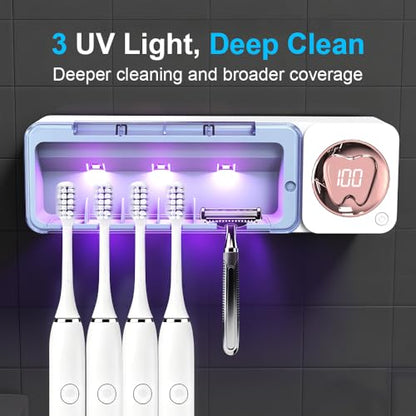 Toothbrush Holders Wall Mounted Name Labels No Drill for Family & Bathrooms | 5 name slots wall mount toothbrush holders, strong adhesive, fits electric/manual, 30-day bat, stops when open, HD display