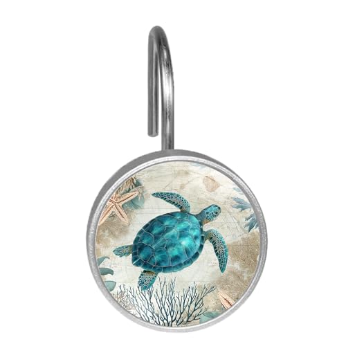Vintage Turquoise Sea Turtle Shower Curtain Hooks Set of 12 | Nautical Ocean Theme Bathroom Decor Rustproof Metal Decorative Shower Hooks Rings for Curtains Rods