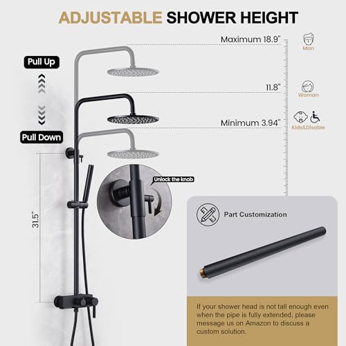 Matte Black Exposed Shower System with 2 Modes HandHeld,3 Functions Tub Shower Faucet Sets with Brass Valve, Shower Fixture with 10 Inches Rainfull Shower Head,Shower Height Adjustable - color: B- Matte Black with Round Shower Head