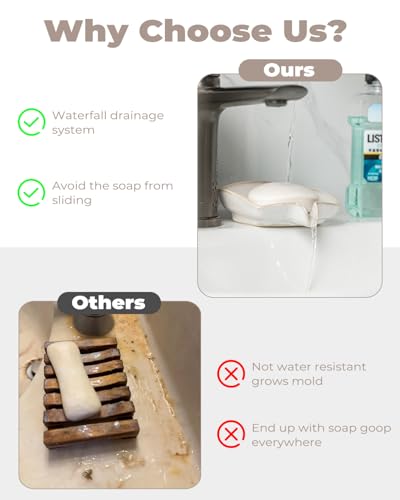 Zoeeker Self Draining Soap Dish, Ceramic Soap Holder with Waterfall Design | Shower Bar Soap Holder with Drainage Soap Saver for Shower, Bathroom, Sink, Kitchen and Countertop, Keep Dry, Beige White - color: Beige White, size: Rectangular