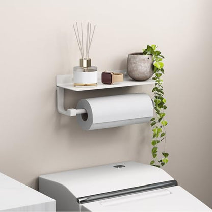 White Paper Towel Holder with Shelf Wall Mount, Adhesive Hand Towel Holder for Bathroom, Kitchen Towel Holder - color: White