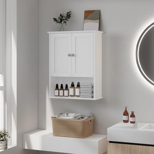 Medicine Cabinet, Over The Toilet Storage Cabinet, 24x30 Inch Wall Mount Bathroom Storage Cabinet with 2 Doors & Adjustable Shelf, Wooden Bathroom Wall Cabinet, White - color: White&silver