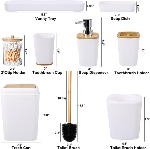 White Bathroom Accessories Set, 9 Piece Bathroom Accessory Set with Trash Can,Toothbrush Holder,Toothbrush Cup,Lotion Soap Dispenser,Vanity Tray,Soap Dish,Toilet Brush,Qtip Holder - size: Bath Set, style: White