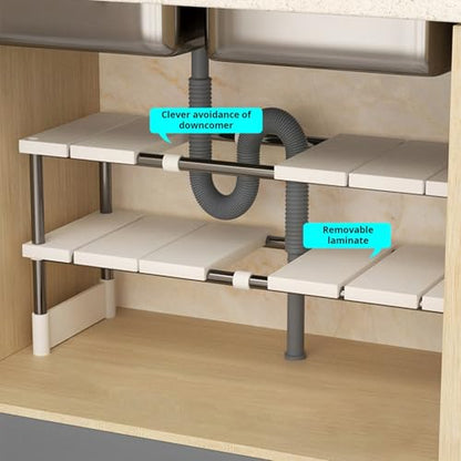 Under Sink Organizer, 2 Tier Expandable Heavy Duty Metal Shelf, Retractable Bathroom Storage Rack for Under Kitchen Bathroom Sink Organizers and Storage Single Layer