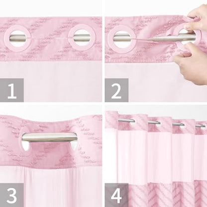eachope No Hook Boho Farmhouse Shower Curtain with Snap-in Fabric Liner set-71Wx74H(72H),Pink Tufted Chevron Striped Hotel Grade Cloth Shower Curtains for Bathroom with Window,Water Repellent - color: Pink, size: 71"W x 74"L (Pack of 1)