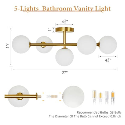 Gold Bathroom Vanity Light Fixtures,5 Lights Mid Century Modern Wall Sconce | Milk Glass Globe Wall Sconce Lighting,Modern Brushed Gold Brass Champagne Bronze Bathroom Vanity Light over Mirror,G9 Base - color: Gold Milk Glass, size: G9 Base