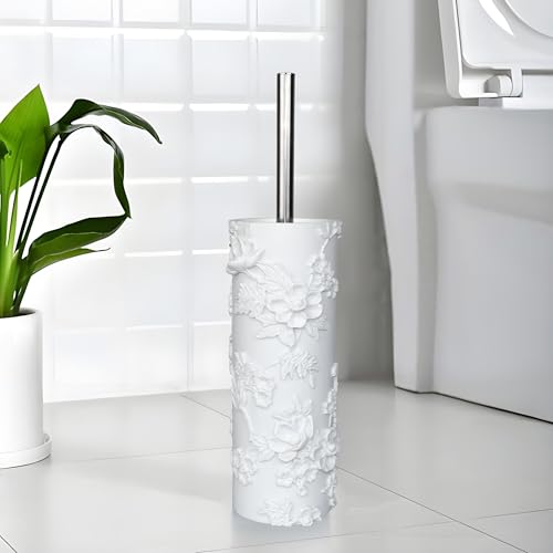 White Floral Branches Design Resin Toilet Bowl Brush and Holder Set, Elegant Bathroom Cleaning Tool with Durable Bristles, Compact and Functional - style: White Branches