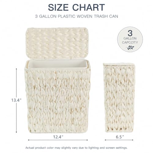 Coeusy Wicker Trash Can with Lid and Liner,Boho Decotative Small Bathroom Trash Cans,Waterproof Slim Narrow Waste Basket for Bedroom,Home Office,3 Gallon Beige White - color: white