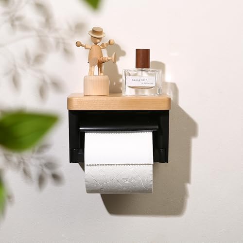 Solid Wood Toilet Paper Holder, Rustic Wood Modern Toilet Paper Dispenser, Modern Black Toilet Paper Holder Wall Mounted with Phone Shelf - color: Wood White&black, size: Single