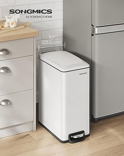 SONGMICS Slim Trash Can, 13-Gallon (50 L) Garbage Can for Narrow Spaces with Soft-Close Lid, Inner Bucket, and Step-on Pedal, Stainless Steel, 15 Trash Bags Included, White ULTB510W48 - color: White, style: 13 Gal.