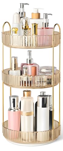 360° Rotating Makeup Organizer for Vanity, 3 Tier Perfume Organizers, Gold | Large Capacity Spinning Bathroom Countertop Organizer for Skincare Cosmetic Perfume Lipstick Nail Polish Storage - color: Amber Gold