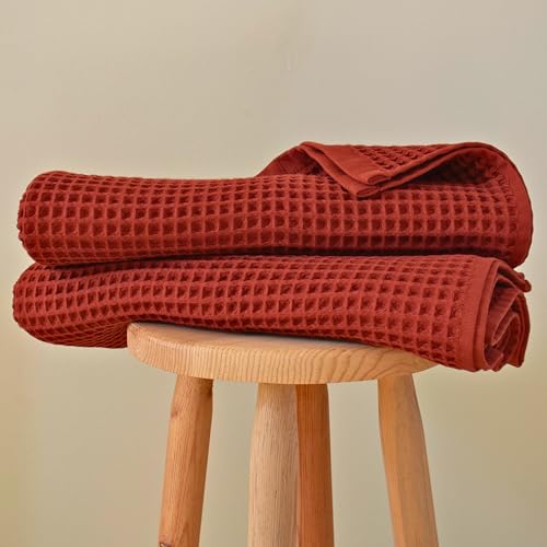 PÜSKÜL Pack of 2 Waffle Bath & Spa Towels - Premium 100% Turkish Organic Cotton - Quick Dry Thin Bath Towel for Bathroom - Made in Turkey (Brick, 32x63 inch) - color: Brick, size: Bath Towels - Pack of 2