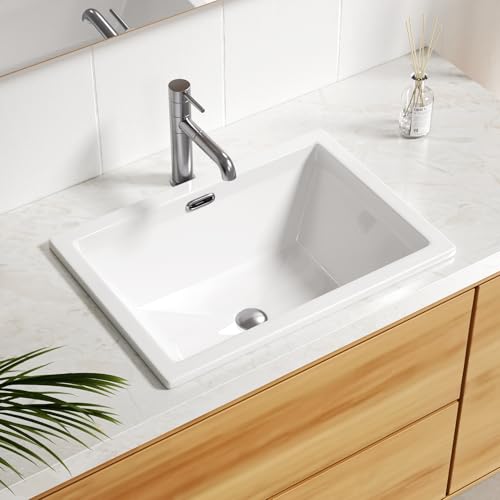Enbol 20.6" x 14.5" Drop in Bathroom Sink Rectangule Vessel Sink Self-rimming Top Mount Bathroom Sink White Ceramic Lavatory Vanity with Overflow O2014-1 - style: 20.6" X 14.5"