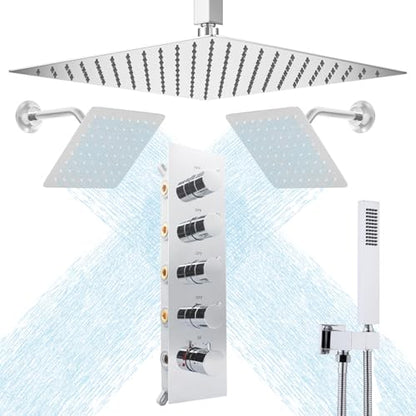 Thermostatic Shower System three Shower Heads with 16" Ceiling Mounted Rain Shower Head & 2 x 6" Wall Mounted Head 4 Function Full Body Shower System Can All Run Together, Chrome - color: Polished Chrome