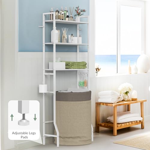 Over Toilet Storage 3-Tier Bathroom Shelf Organizer Multifunctional Above Toilet Storage Rack Freestanding Space Saver Behind the Toilet Shelf White Toilet Stand with Hooks and Toilet Paper Holder - color: White