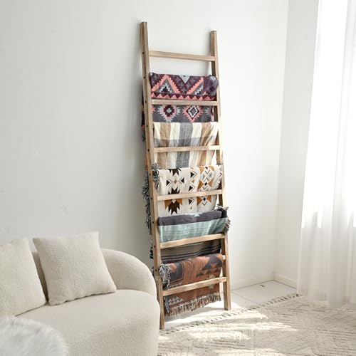 Blanket Ladder, 24 in Wide 11-Rung Wood Rustic Decor Rack | 11 rungs and 24in wide, Solid wood visible grain, Angled lean-to design, Anti-slip support, Living room and bathroom use