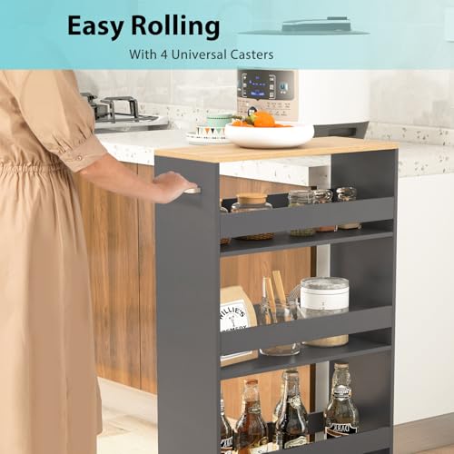 POWERSTONE 4-Tier Slim Storage Cart, Narrow Kitchen Rolling Cart w/Handle & Open Shelves, Skinny Slide Out Utility Organizer Trolley for Kitchen Bathroom Laundry Small Spaces Grey & Natural - color: Grey