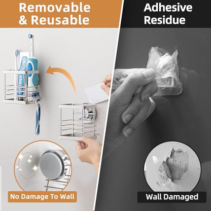 Powerful Suction Cup Stainless Steel Toothbrush Holders, Silver | Removable Shower Tooth brush and Toothpaste Holder, Strong Suction Up to 11lbs, Anti-Puddling ,No Drill Bathroom Organizer - color: Silver