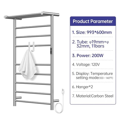 Heated Towel Racks for Bathroom, 11Bar Electric Towel Warmer Rack with Shelf & 2 Hooks, Wall-Mounted Time Setting and Temperature Control Heated Drying Rack for Home, Salon, Spa (Silver - color: Sliver