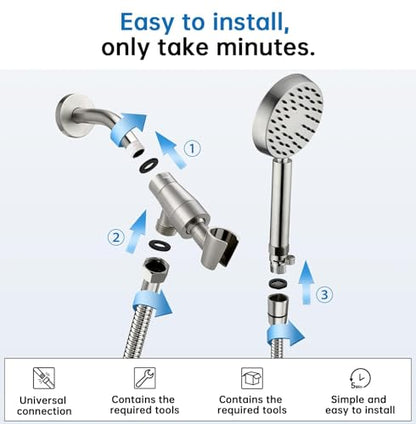 G-Promise All Metal Handheld Shower Head with Shut Off Valve & Long Hose | Built to Last, Water-Saving On/Off Pause Valve, Solid Brass Bracket Holder, 70" to 75" Flexible Stainless Steel Hose