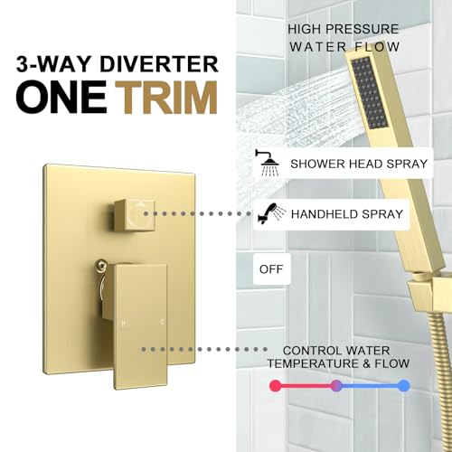Lava Odoro Modern 2-Setting Square Shower System with Rain Shower Head and Handheld Spray Gold, Rainfall Shower Faucet Set Gold, Shower Valve and Trim Kit, Brushed Gold, SF103-SG - color: Brushed Gold, style: Without Tub Spout