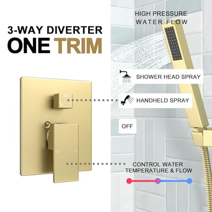 Lava Odoro Modern 2-Setting Square Shower System with Rain Shower Head and Handheld Spray Gold, Rainfall Shower Faucet Set Gold, Shower Valve and Trim Kit, Brushed Gold, SF103-SG - color: Brushed Gold, style: Without Tub Spout