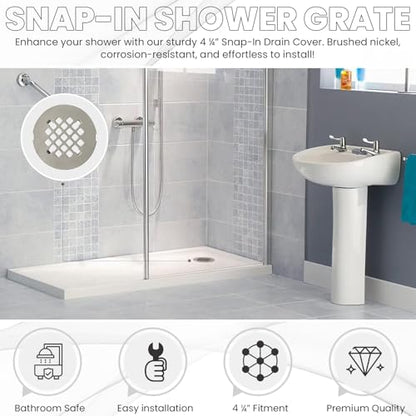 4 ¼” Brushed Nickel Snap-in Shower Drain Cover - Stainless Steel Replacement - 4.25" OD Shower Drain Strainer - Easy Install - Premium Round Shower Drain Cover - Solid Brass Construction - color: Brushed Nickel