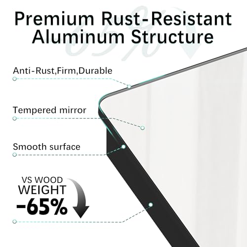 24 x 30 Black Medicine Cabinet Mirror, Recessed or Surface Mount | Bathroom mirror with storage; rustproof aluminum; 6 adjustable glass shelves; tall-bottle divider; soft-close; preassembled - size: 24" x 30"