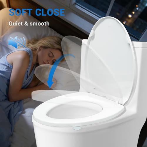 KHE Elongated Toilet Seat, 18.5 Inch, White | Soft Close Toilet Seat with No-Touch Handle, Quick Release for Easy Cleaning, Non-Slip Bumpers, Durable PP - size: Elongated 18.5''