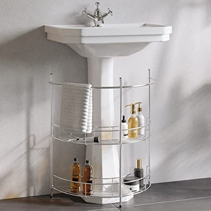 Pedestal Sink Organizer - Compact Under the Sink Rack with 2 Storage Shelves and Towel Holder - Space Saving Bathroom Storage by Lavish Home - color: Silver