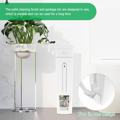 Bathroom Trash Can and Toilet Brush Set, Narrow Slim Can With Pop-up Lid, Modern White Mini Rectangular Bin for Limited Small Space